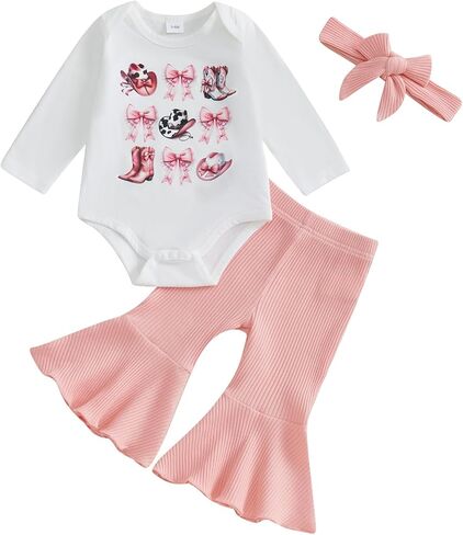 Toddler Baby Girl Western Bell Bottom Outfit Fall Winter Clothes Cowgirl Boots Hat Sweatshirt/Romper Flare Pants Set in Kuwait