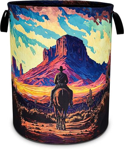 Western Cowboy Laundry Basket Desert Mountains Foldable Oxford Cloth Funny Tote Bag Laundry Hamper Clothes Storage Bucket Toy Organizer For Bathroom/Laundry Storage/Bedroom 18.9x16.5 Inch in Saudi Arabia