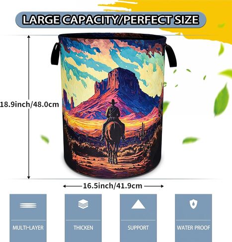 Western Cowboy Laundry Basket Desert Mountains Foldable Oxford Cloth Funny Tote Bag Laundry Hamper Clothes Storage Bucket Toy Organizer For Bathroom/Laundry Storage/Bedroom 18.9x16.5 Inch in Saudi Arabia