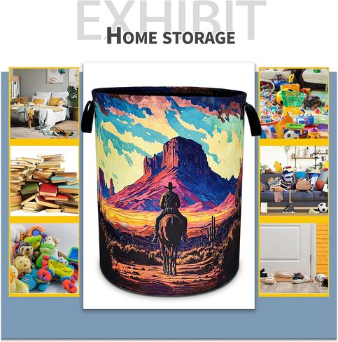 Western Cowboy Laundry Basket Desert Mountains Foldable Oxford Cloth Funny Tote Bag Laundry Hamper Clothes Storage Bucket Toy Organizer For Bathroom/Laundry Storage/Bedroom 18.9x16.5 Inch in Saudi Arabia
