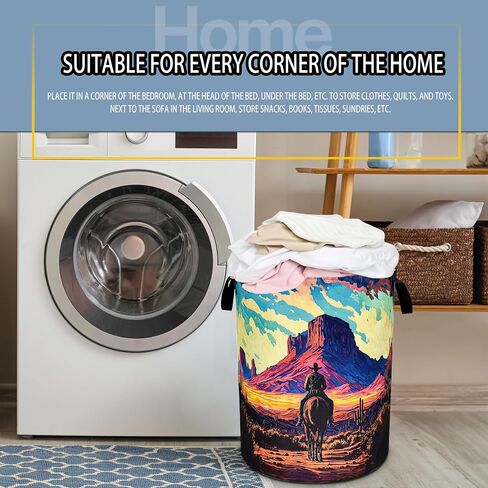 Western Cowboy Laundry Basket Desert Mountains Foldable Oxford Cloth Funny Tote Bag Laundry Hamper Clothes Storage Bucket Toy Organizer For Bathroom/Laundry Storage/Bedroom 18.9x16.5 Inch in Saudi Arabia