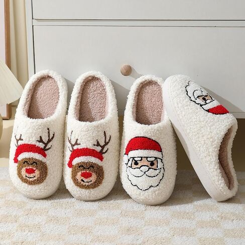 Christmas Slippers Unisex Xmas Elk Shoes Santa Reindeer Cute Cartoon Slippers Memory Foam Soft Plush House Slippers Indoor Outdoor Shoes in Saudi Arabia