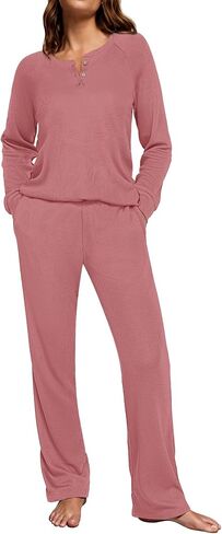 Ekouaer Waffle Knit Pajamas for Women Set Long Sleeve Pants Pj Henley Tops Lounge Sets Comfy Sleepwear with Pockets in Saudi Arabia