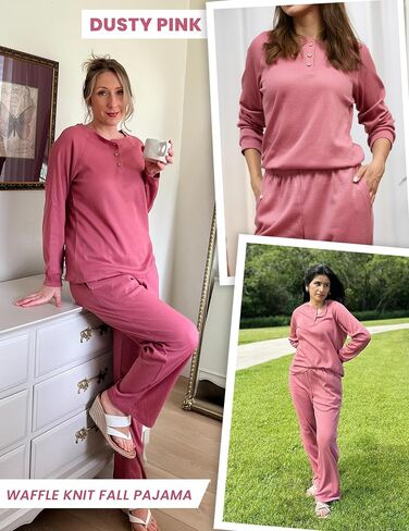 Ekouaer Waffle Knit Pajamas for Women Set Long Sleeve Pants Pj Henley Tops Lounge Sets Comfy Sleepwear with Pockets in Saudi Arabia