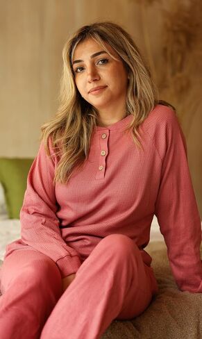 Ekouaer Waffle Knit Pajamas for Women Set Long Sleeve Pants Pj Henley Tops Lounge Sets Comfy Sleepwear with Pockets in Saudi Arabia