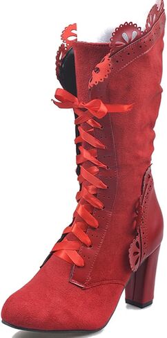 Victorian Boots for Women Vintage Bow Ruffles Goth Boots Costume Lace Up 70S Retro Boots Halloween Witch Stuff Cuban Heel Mid Calf Boots in Saudi Arabia