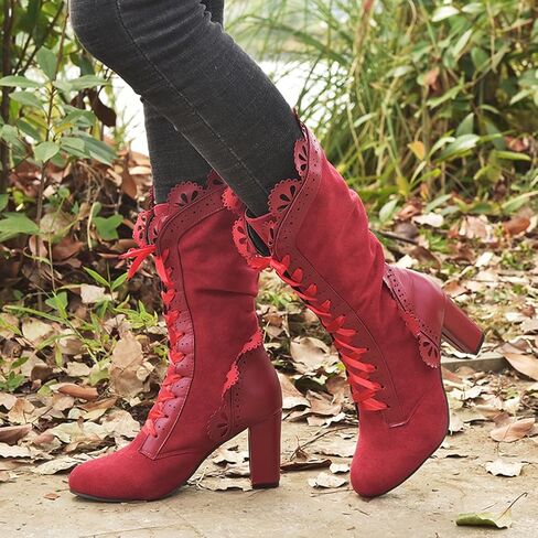 Victorian Boots for Women Vintage Bow Ruffles Goth Boots Costume Lace Up 70S Retro Boots Halloween Witch Stuff Cuban Heel Mid Calf Boots in Saudi Arabia