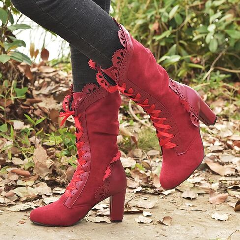 Victorian Boots for Women Vintage Bow Ruffles Goth Boots Costume Lace Up 70S Retro Boots Halloween Witch Stuff Cuban Heel Mid Calf Boots in Saudi Arabia