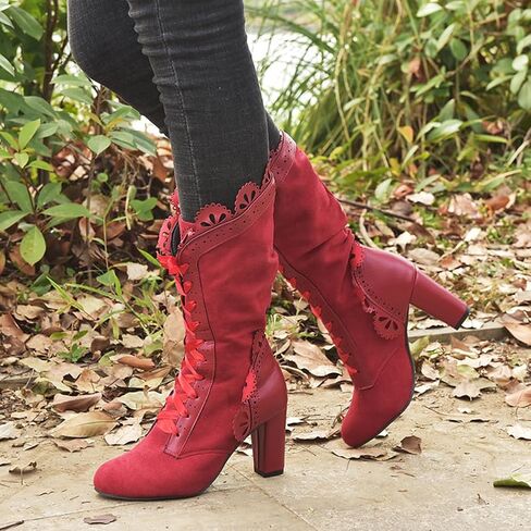 Victorian Boots for Women Vintage Bow Ruffles Goth Boots Costume Lace Up 70S Retro Boots Halloween Witch Stuff Cuban Heel Mid Calf Boots in Saudi Arabia
