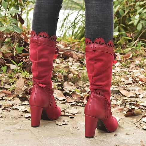 Victorian Boots for Women Vintage Bow Ruffles Goth Boots Costume Lace Up 70S Retro Boots Halloween Witch Stuff Cuban Heel Mid Calf Boots in Saudi Arabia