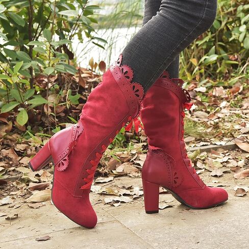 Victorian Boots for Women Vintage Bow Ruffles Goth Boots Costume Lace Up 70S Retro Boots Halloween Witch Stuff Cuban Heel Mid Calf Boots in Saudi Arabia