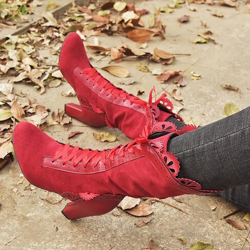 Victorian Boots for Women Vintage Bow Ruffles Goth Boots Costume Lace Up 70S Retro Boots Halloween Witch Stuff Cuban Heel Mid Calf Boots in Saudi Arabia