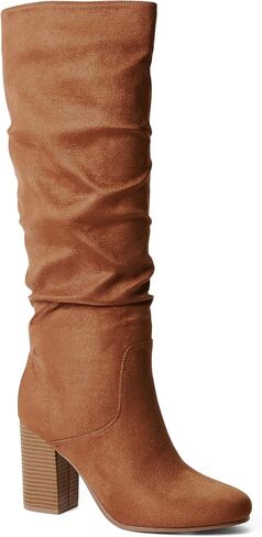JustFab أحذية طويلة للركبة للنساء بكعب مكتنز وكعب طويل للنساء أحذية طويلة بكعب عالٍ أحذية شتوية أنيقة من جلد الغزال - ليونا in Kuwait