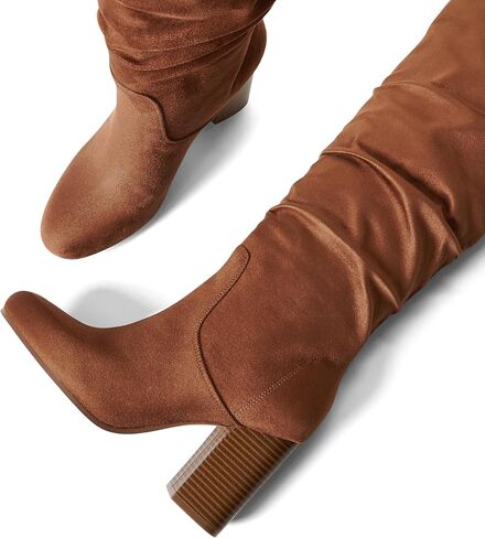 JustFab أحذية طويلة للركبة للنساء بكعب مكتنز وكعب طويل للنساء أحذية طويلة بكعب عالٍ أحذية شتوية أنيقة من جلد الغزال - ليونا in Kuwait