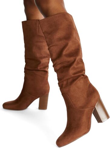JustFab أحذية طويلة للركبة للنساء بكعب مكتنز وكعب طويل للنساء أحذية طويلة بكعب عالٍ أحذية شتوية أنيقة من جلد الغزال - ليونا in Kuwait
