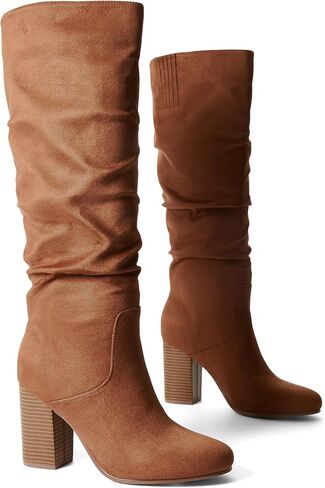 JustFab أحذية طويلة للركبة للنساء بكعب مكتنز وكعب طويل للنساء أحذية طويلة بكعب عالٍ أحذية شتوية أنيقة من جلد الغزال - ليونا in Kuwait