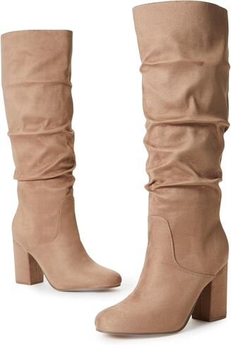 JustFab Knee High Boots Womens Point Toe Chunky Heel Tall Boots for Women High Heel Long Boots Fashion Suede Winter Boots - Leona in Kuwait