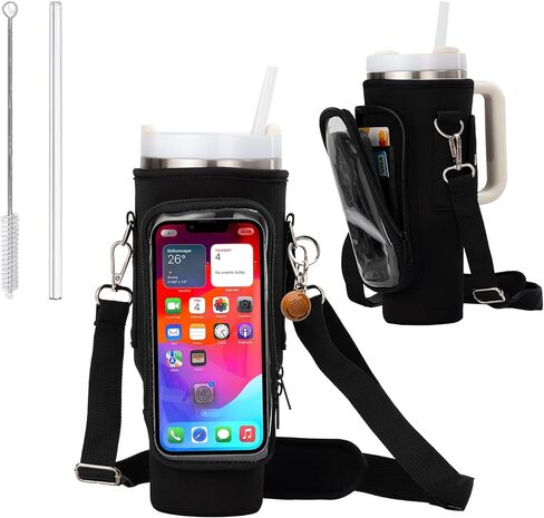 Water Bottle Holder with Strap - Neoprene Sleeve - Adjustable Shoulder and Hand Sling - Crossbody Carrier Bag Hiking Camping Gym - Phone Pocket Glass Straw and Brush - 40 oz Stanley Cup Accessories in Kuwait
