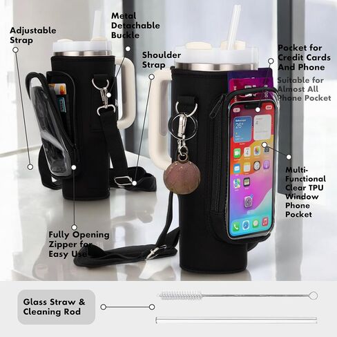 Water Bottle Holder with Strap - Neoprene Sleeve - Adjustable Shoulder and Hand Sling - Crossbody Carrier Bag Hiking Camping Gym - Phone Pocket Glass Straw and Brush - 40 oz Stanley Cup Accessories in Kuwait