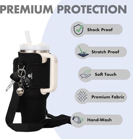 Water Bottle Holder with Strap - Neoprene Sleeve - Adjustable Shoulder and Hand Sling - Crossbody Carrier Bag Hiking Camping Gym - Phone Pocket Glass Straw and Brush - 40 oz Stanley Cup Accessories in Kuwait