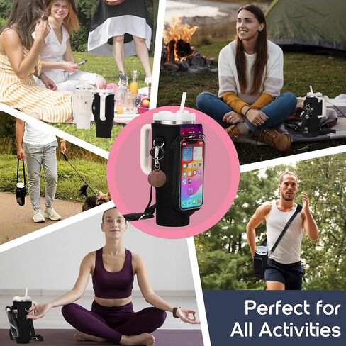 Water Bottle Holder with Strap - Neoprene Sleeve - Adjustable Shoulder and Hand Sling - Crossbody Carrier Bag Hiking Camping Gym - Phone Pocket Glass Straw and Brush - 40 oz Stanley Cup Accessories in Kuwait