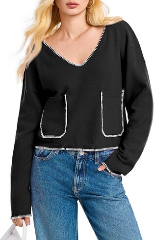 Saodimallsu Womens Cropped V Neck Sweater 2024 Fall Trendy Long Sleeve Loose Knit Pullover Crop Top Sweaters in Saudi Arabia