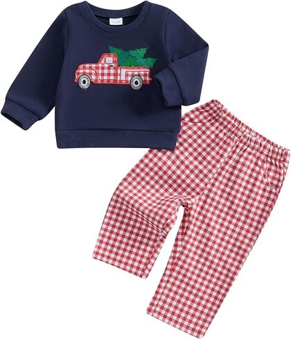 Toddler Baby Boys Christmas Outfits Santa Truck Print Long Sleeve Sweatshirts Plaid Long Pants 2Pcs Fall Clothes in Saudi Arabia