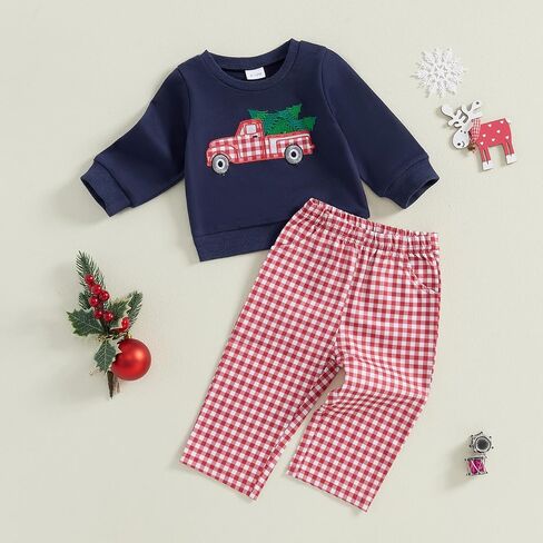 Toddler Baby Boys Christmas Outfits Santa Truck Print Long Sleeve Sweatshirts Plaid Long Pants 2Pcs Fall Clothes in Saudi Arabia