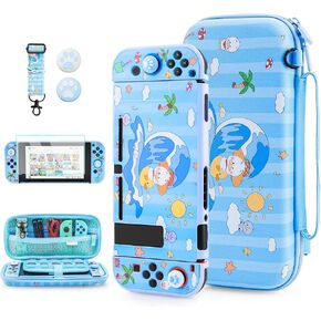 FUNDIARY Cute Surfing Duck Carrying Case for Nintendo Switch, Blue Sunny Beach Accessories Bundle with Portable Travel Case, Dockable PC Protective Skin, Screen Protector, Shoulder Strap & 2 Thumb Cap