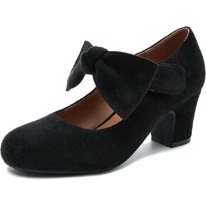fereshte Womens Bow Heels Mary Jane Shoes Closed Toe Chunky Heel Dress Pumps