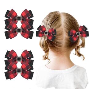 Christmas Rhinestone Plaid Hair Bows for Toddler Kids Girls, 4inch Christmas Bowknot Hairpin Plaid Lattice Bow Hair Alligator Clip Accessories for Toddler Baby New Year Xmas Gifts (4 Pair Rhinestone