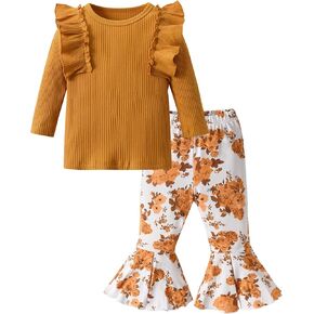 Eghunooy Toddler Baby Girl Clothes Ruffle Long Sleeve Ribbed Tops and Floral Flared Pants 2Pcs Outfits Set