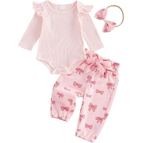 Baby Girl Fall Winter Clothes Long Sleeve Romper + Bow Print Pants + Headband Set 3pcs Newborn Infant Girl Outfits