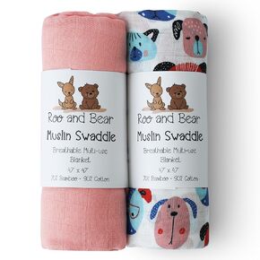 Twin Pack Muslin Swaddle Blankets - Large 47 x 47 Inch Size - Buttery Soft and Breathable for Newborn Baby Made with Bamboo Rayon and Cotton Blend - Blue and Space Cats