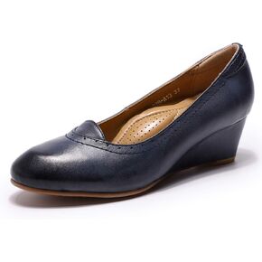 Mona flying Women's Leather Closed Toe 2 Inch Mid Wedges Heels with Arch Support Round Toe Comfortable Dress Pumps for Women Ladies