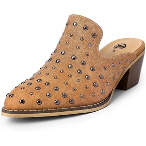 Bigwow Fashion Women's Chunky Block Heel Mules Pointed Closed Toe Sandals Rivet Slip-On Pumps Platform Clogs Dressy Shoes for Women