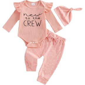 DuAnyozu Fall Baby Girl Clothes New To The Crew Newborn Outfit Long Sleeve Ruffled Ribbed Romper Pants Baby Going Home Outfit