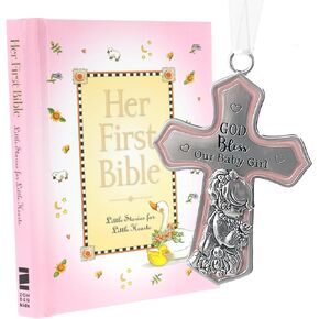Baby Girl First Bible and Catholic Baptism Guardian Angel Crib Cross Set for Girls, Baptism Gifts for Girl First Holy Communion Baby Christening Gifts and Dedication Baptismal Gifts from Godparents