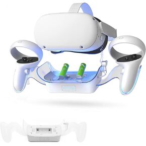 Quest 2 headset charging base with LED indicator(with 2X 2000mAh Rechargeable Batteries), Quest 2 fast charging base with display stand, Charging Dock for Quest 2 Accessories, Station for VR Headset C