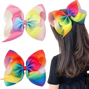 2Pcs/8 inch Grosgrain Ribbon Bows for Girls Gift, Rainbow Large Hair Bows Alligator Clips Hair Barrettes Accessories for Toddler Teens Girls Christmas Holiday Present