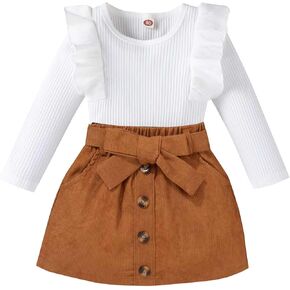 LYQTloml Toddler Girl Outfits Fall Winter Clothes Knitted Cotton Solid Color Ruffle Long Sleeves Tops+ Mini Skirts Set