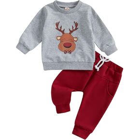 Sasaerucure Infant Baby Boy Christmas Clothes Long Sleeve Shirts + Red Pants Set Toddler Baby Boy Reindeer Outfit