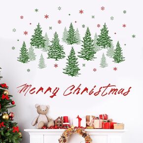 Watercolor Pine Tree Wall Decals Winter Snowflake Woodland Wall Stickers Merry Christmas Wall Decal DIY Peel and Stick Removable Xmas Green Tree Wall Stickers for Kids Nursery Decor