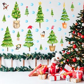 Christmas Small Tree Wall Stickers Colorful Christmas Tree Wall Decals Peel and Stick Xmas Red Green Pine Tree Wall Decals Snowflake Holiday Wall Stickkers Christmas Party Window Wall Decoration