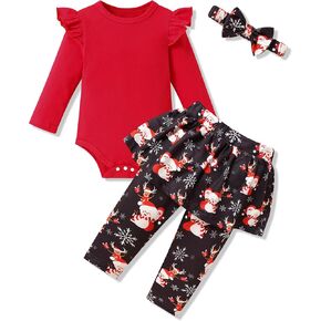 Crazyme Baby Girl Christmas Outfit Ruffle Romper Santa Pants Headband 3Pcs Set Newborn Baby Girl Clothes 0-12 M Fall Winter