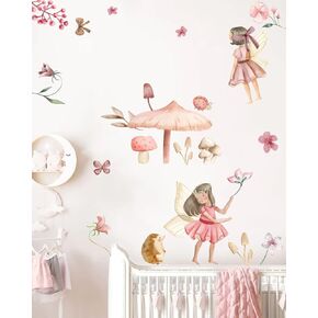 Watercolor Flower Fairy Wall Decals Peel and Stick Butterfly Girls Wall Stickers Vinyl Mushroom Wall Stickers Cute Wall Decor for Baby Toddler Girls Kids Bedroom Nursery Playroom