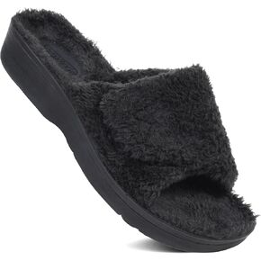AEROTHOTIC Soft Fuzzy Slippers Outdoor and Indoor with Non-Slip Sole Stylish Straps Comfortable Womens Slippers Open Toe Home Travel Vacation Wear