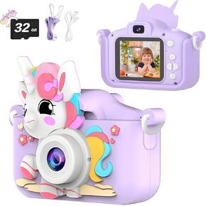 Kids Camera, AWANKOU Kids Selfie Camera for Girls Christmas Birthday Gift, 1080P Digital Camera Toddler Camera Toys with Soft Silicone Case, 32GB Video Camera for Kids 3-12Year Old (Dinosaur Camera)