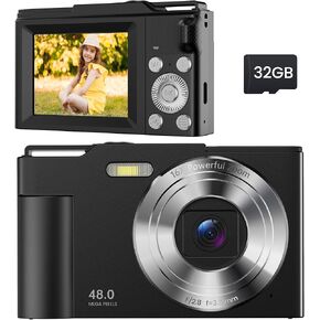 Digital Camera for Kids: FHD 1080P Camera - Video Cameras for Teens - 16X Zoom Shoot Camera for Girls and Boys - Compact Camera with 32GB TF Card for Photography - Mini Camera for Vlogging Black