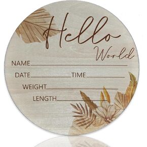 Baby Announcement Sign for Newborn Boys and Girls, Hello World Newborn Sign, Nursery Wall Décor, Baby Name Sign, Floral Theme Birch Wood 6 inch Circle Board Birth Stat Sign, Newborn Gifts